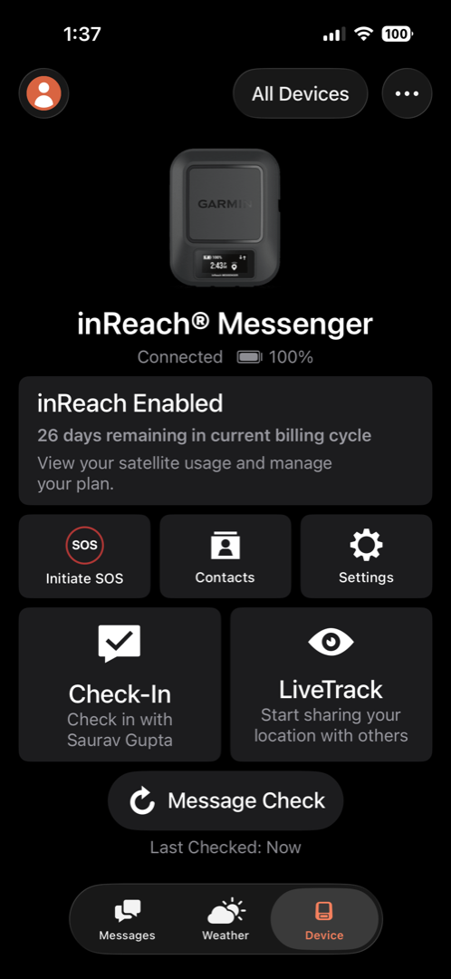 Garmin Messenger app showing device connected, inReach Enabled status, SOS, Check-In, LiveTrack, and Message Check buttons