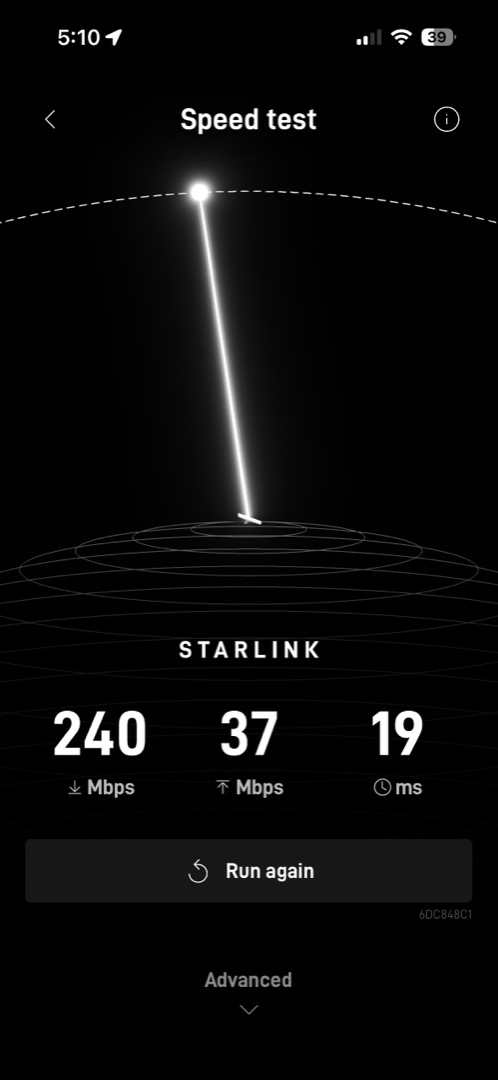 Starlink app speed test showing 240 Mbps download, 37 Mbps upload, 19ms latency