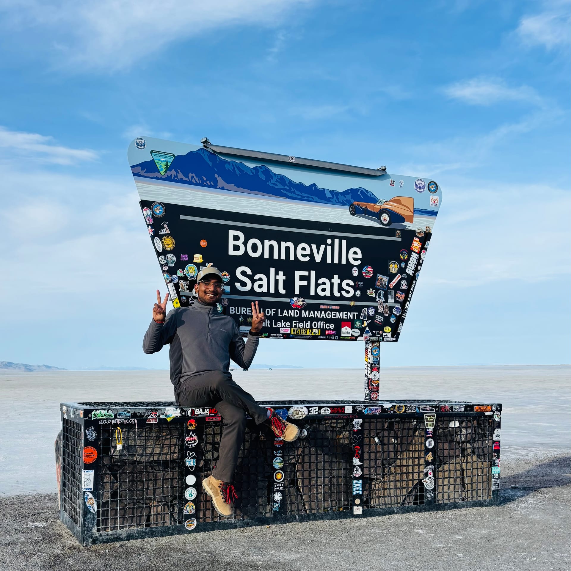 Sitting on the iconic Bonneville Salt Flats sticker-covered sign
