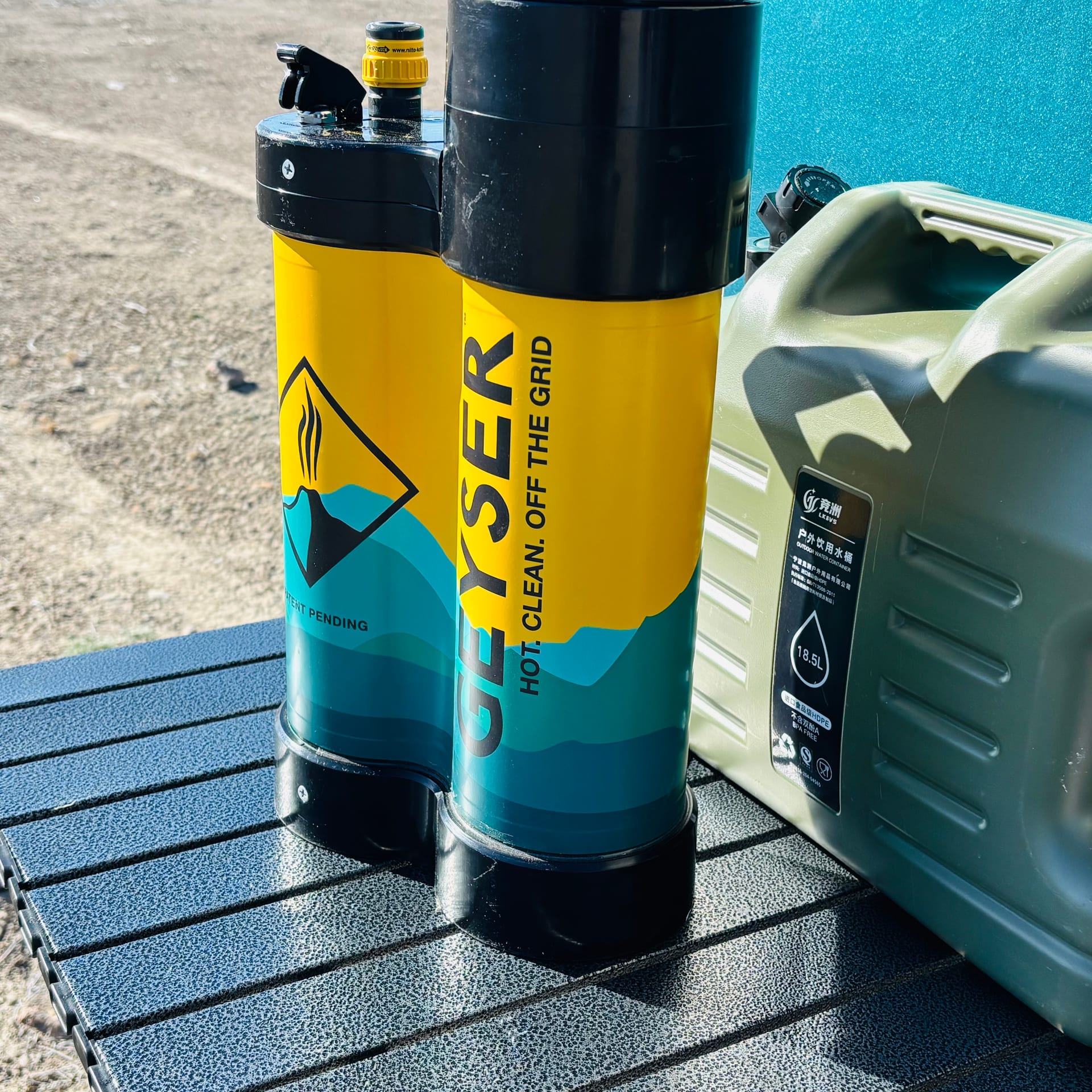 Geyser brand portable propane shower set up at the dispersed campsite